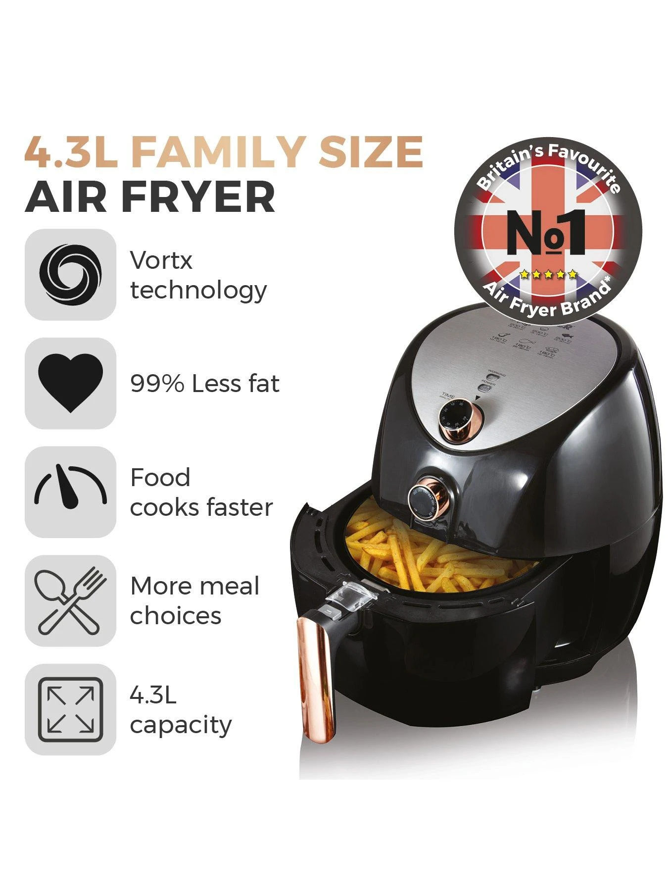 Tower T17021RG 4.3L Manual Air Fryer - Rose Gold - Image 2