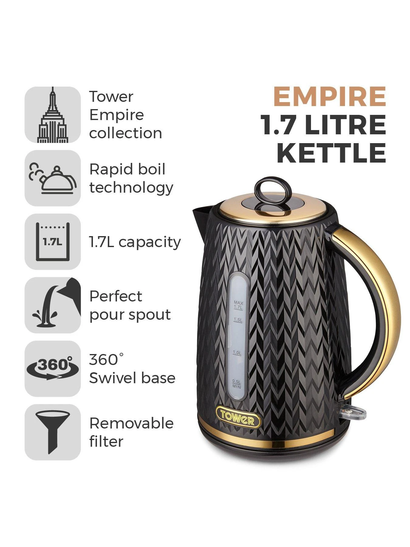 Tower Empire 1.7L Textured Kettle - Black - Image 2