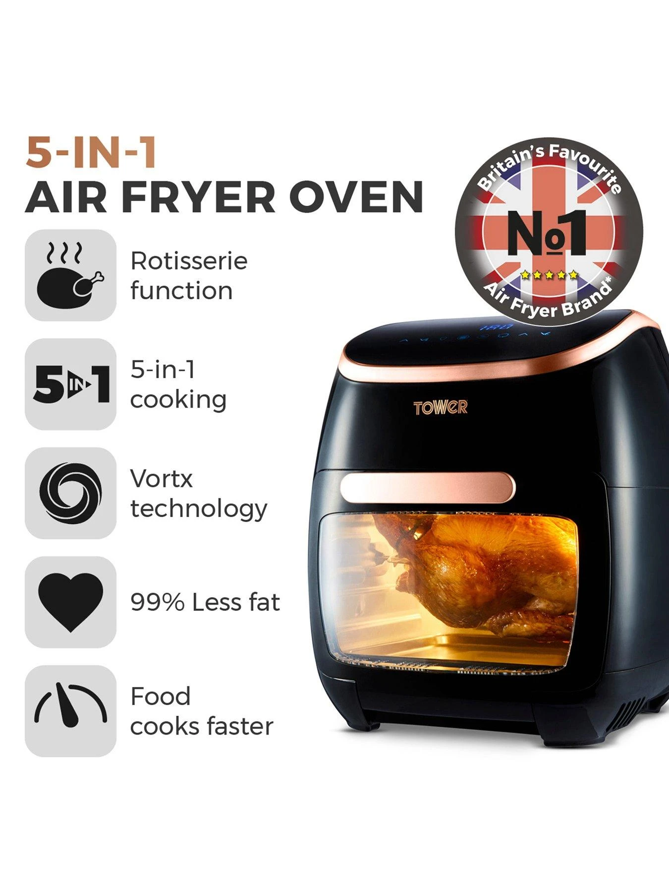 Tower Xpress Pro Vortx 5-in-1 Digital Air Fryer Oven 11L Black And Rose Gold T17039RGB - Image 2