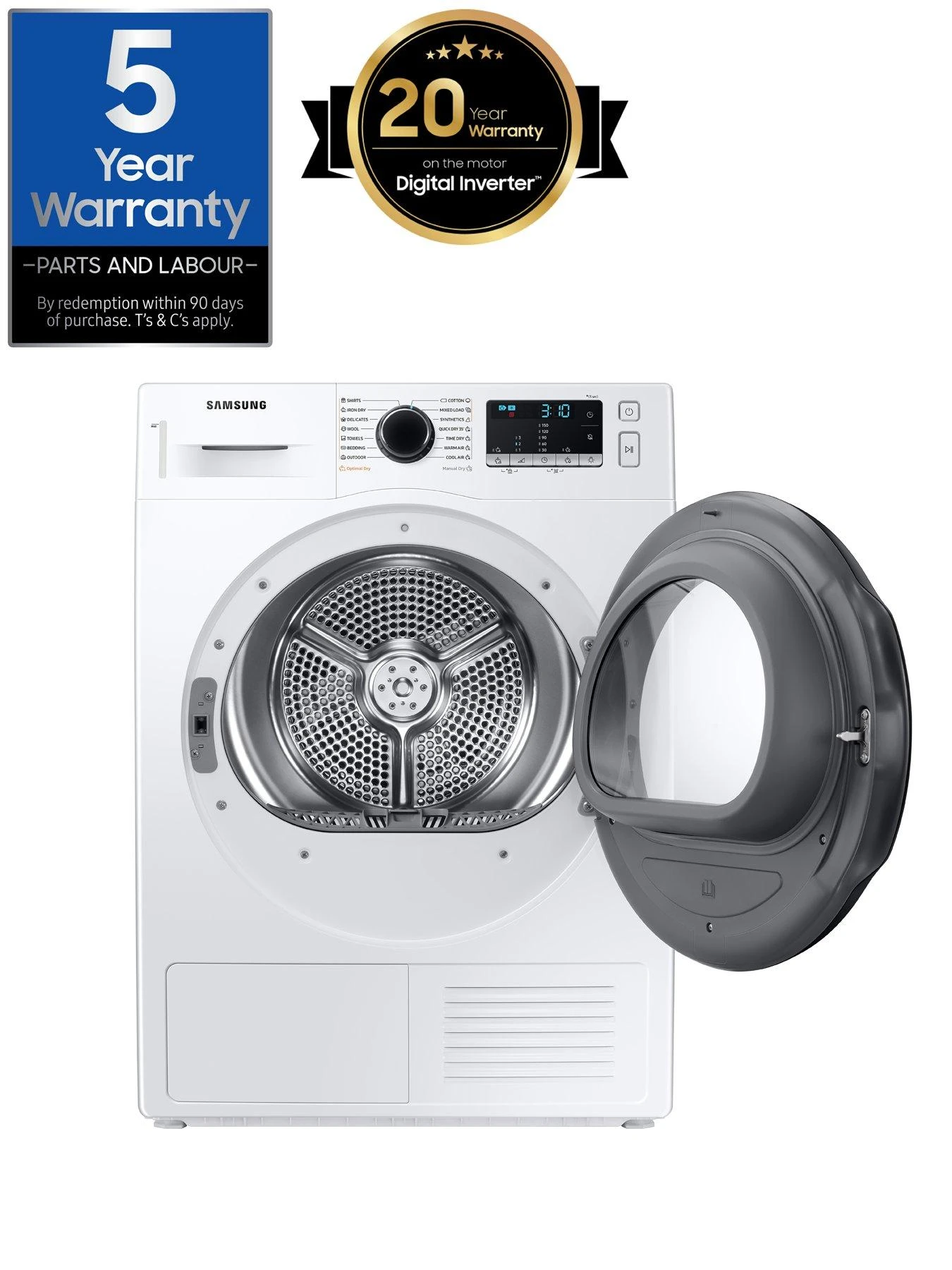 Samsung Series 5 DV90TA040AE/EU OptimalDry™ Heat Pump Tumble Dryer - 9kg Load A++ Rated - White - Image 2