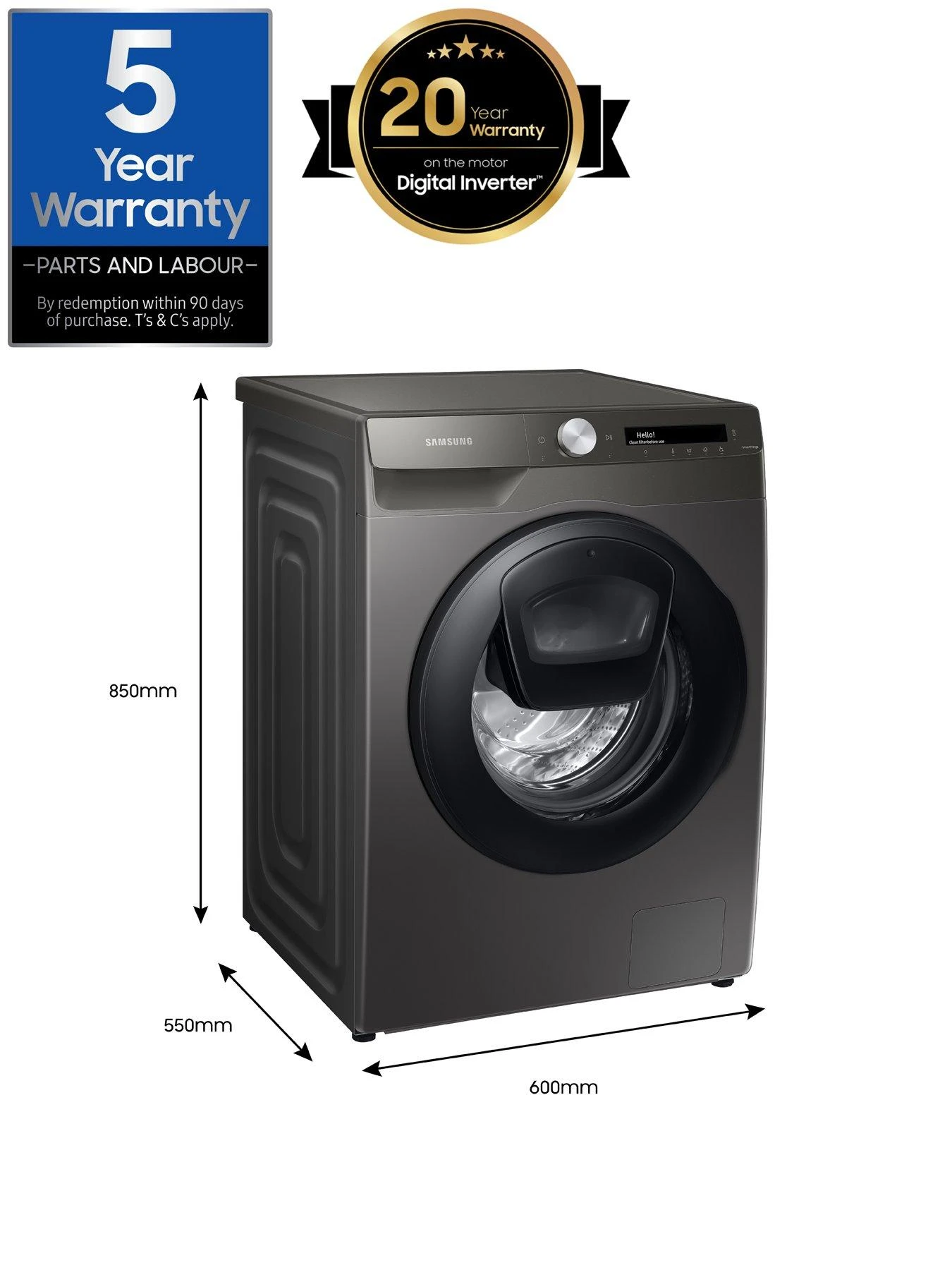 Samsung Series 5+ WW90T554DAN/S1 AddWash™ Washing Machine - 9kg Load 1400rpm Spin A Rated - Graphite - Image 7