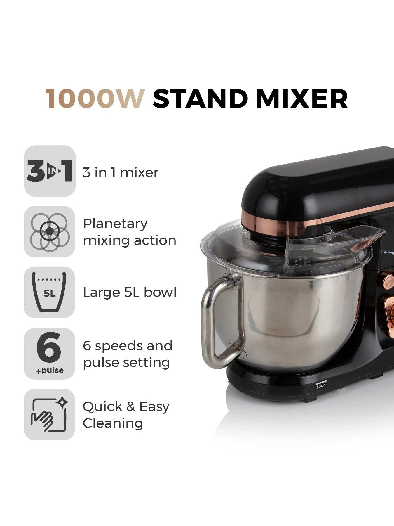 Tower 1000W Stand Mixer - Rose Gold - Image 2