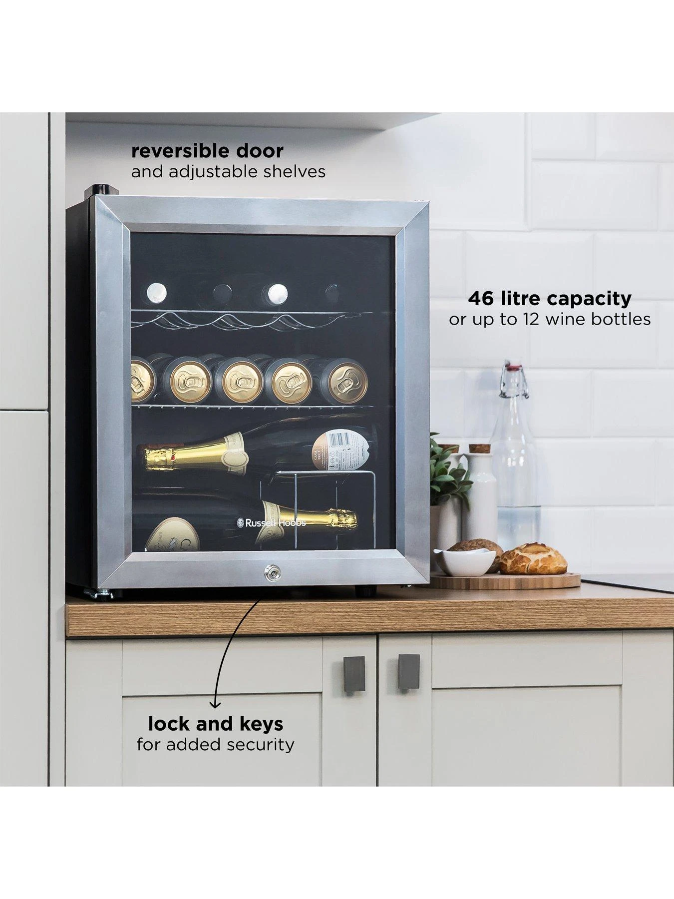 Russell Hobbs RHGWC3SS-C-LCK Beer & Wine Drinks Mini Fridge With Lock - Stainless Steel - Image 3