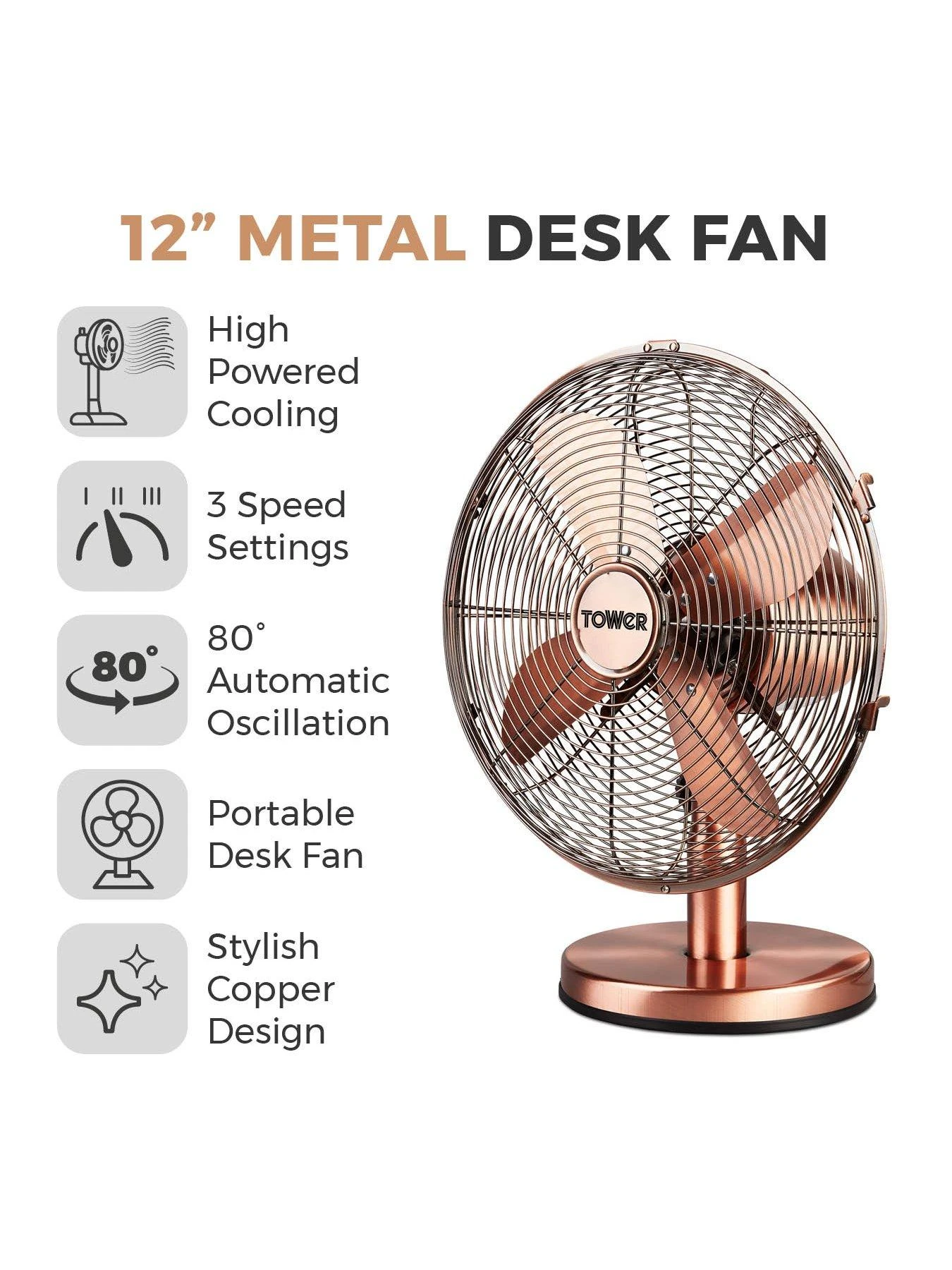 Tower T605000C Metal Desk Fan With 3 Speeds, Automatic Oscillation, Long-Life Motor, 12”, 35W, Copper - Image 2