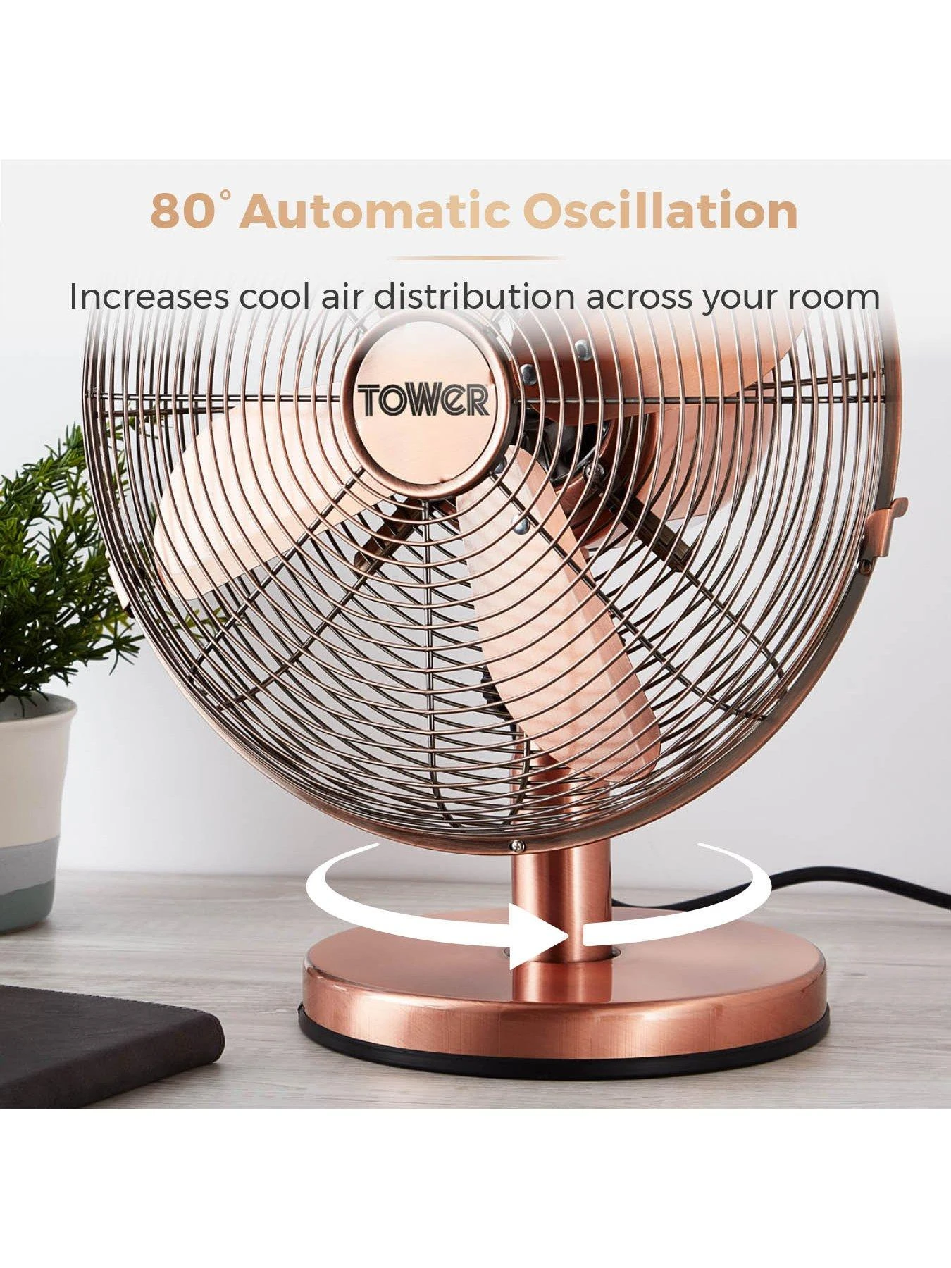 Tower T605000C Metal Desk Fan With 3 Speeds, Automatic Oscillation, Long-Life Motor, 12”, 35W, Copper - Image 5