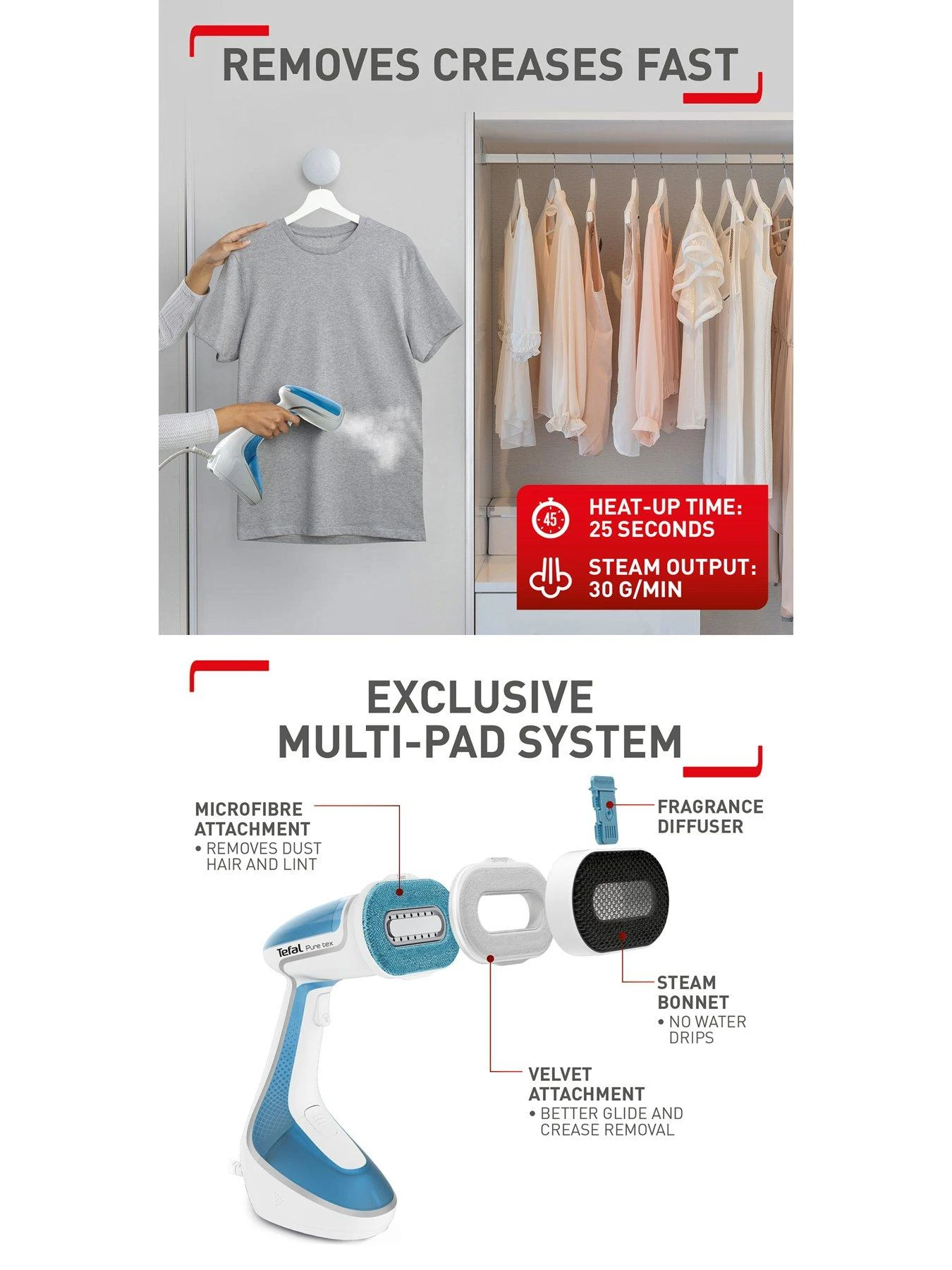 Tefal Handheld Clothes Steamer 200ml 90g/min Steam Output Pure Tex - Image 5