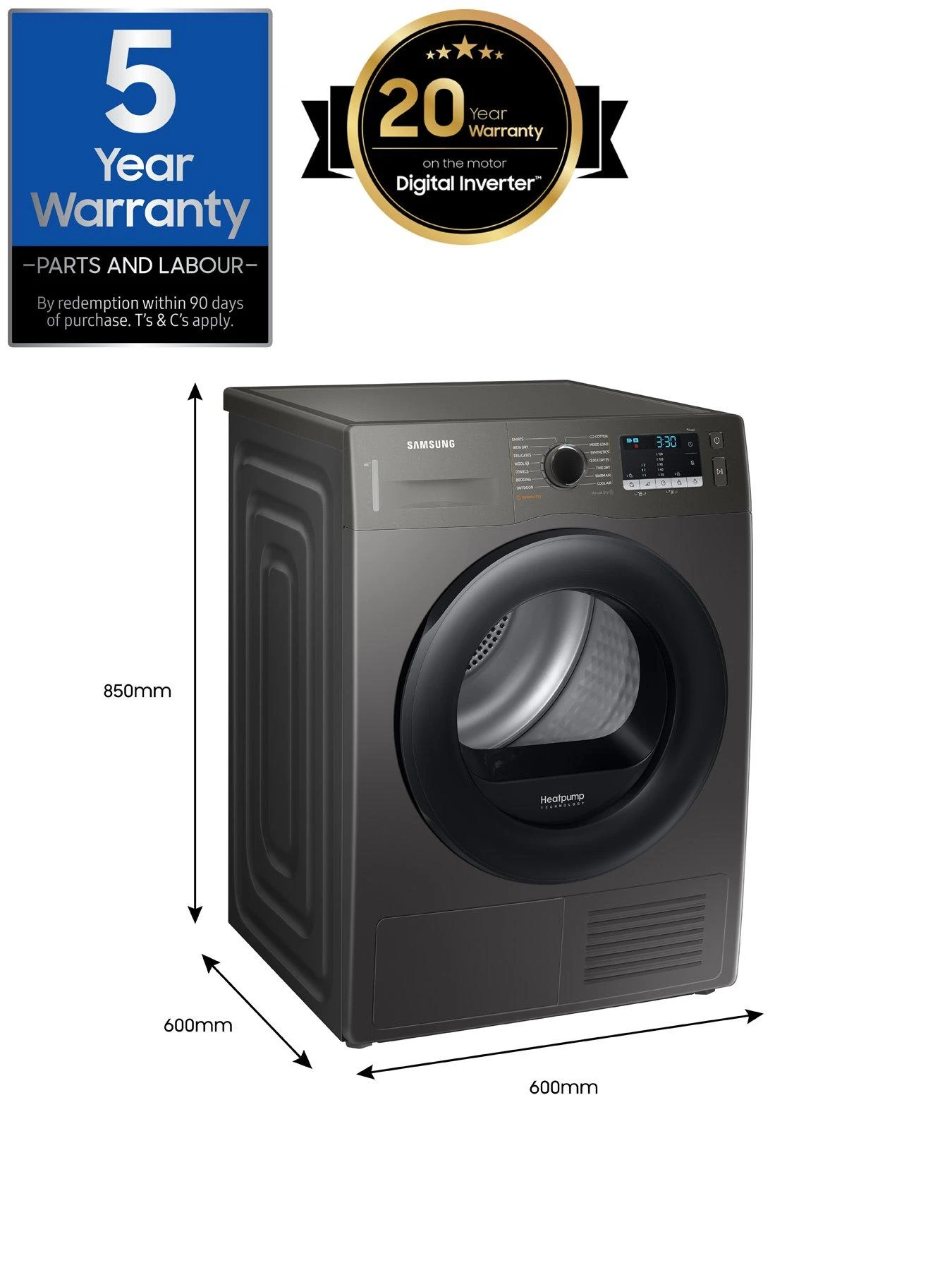 Samsung Series 5 DV90TA040AX/EU OptimalDry™ Heat Pump Tumble Dryer - 9kg Load A++ Rated – Graphite - Image 7