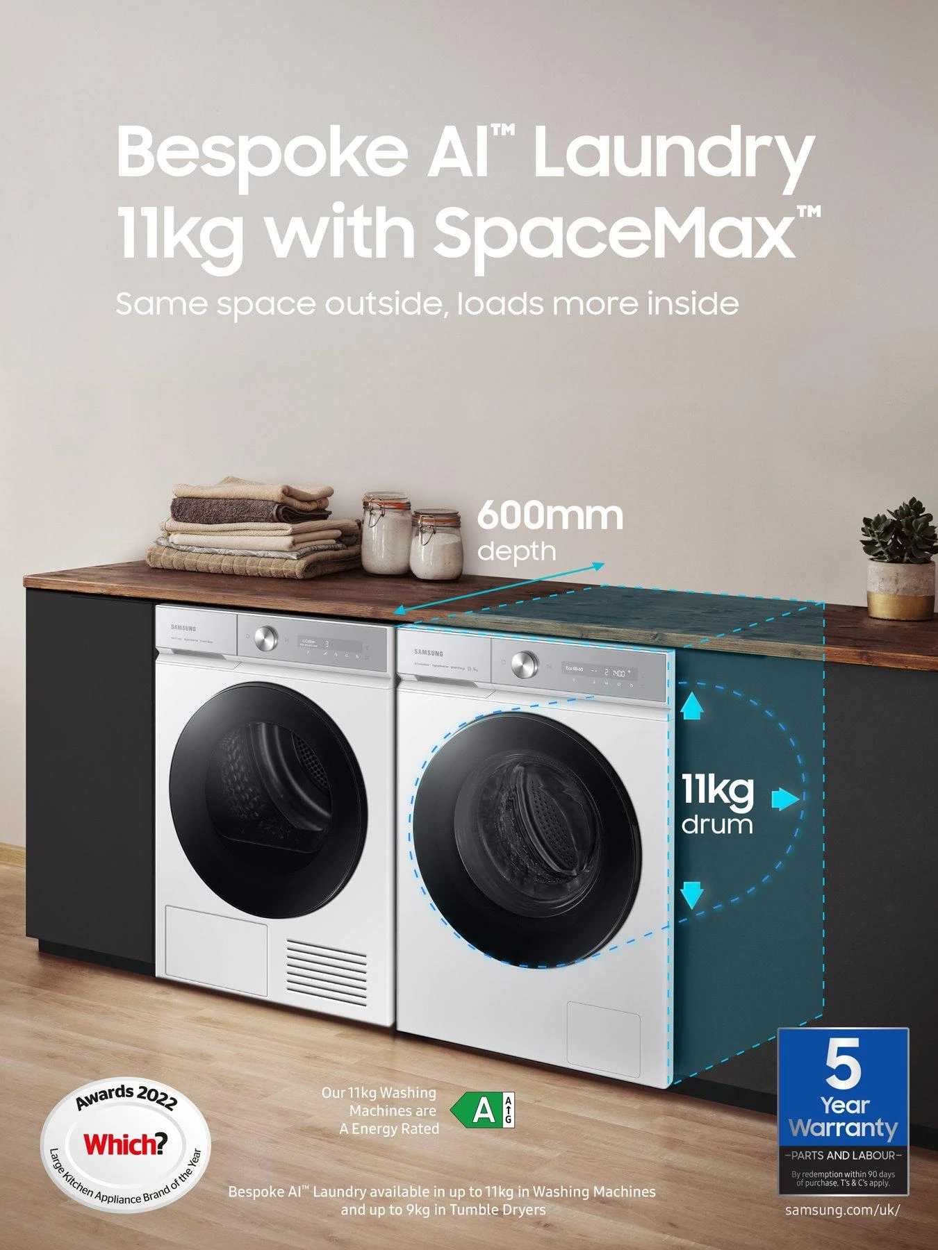 Samsung Series 5+ WW11BB504DAW/S1 SpaceMax Washing Machine - 11kg Load 1400 Spin A Rated - White - Image 3