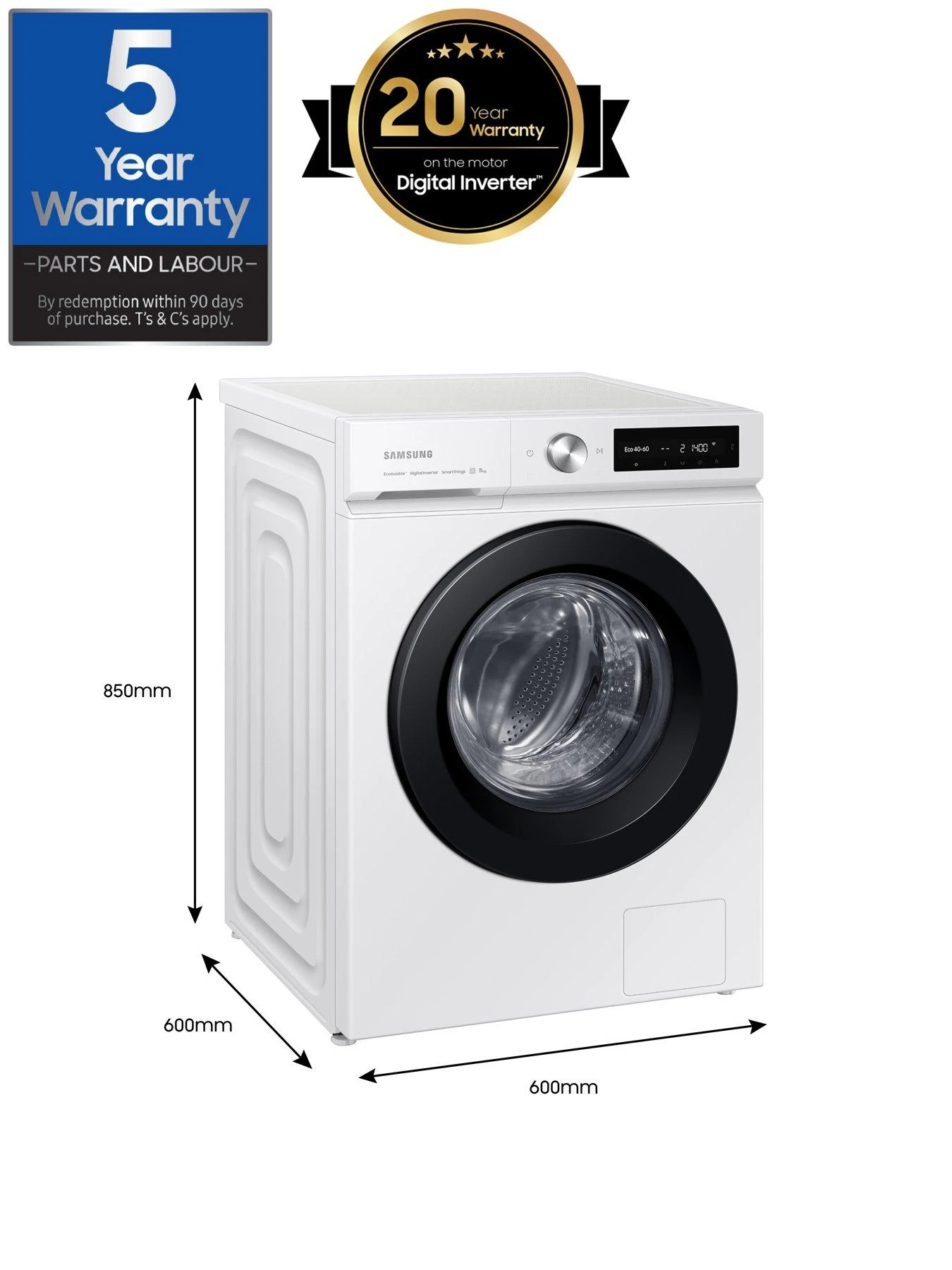 Samsung Series 5+ WW11BB504DAW/S1 SpaceMax Washing Machine - 11kg Load 1400 Spin A Rated - White - Image 7