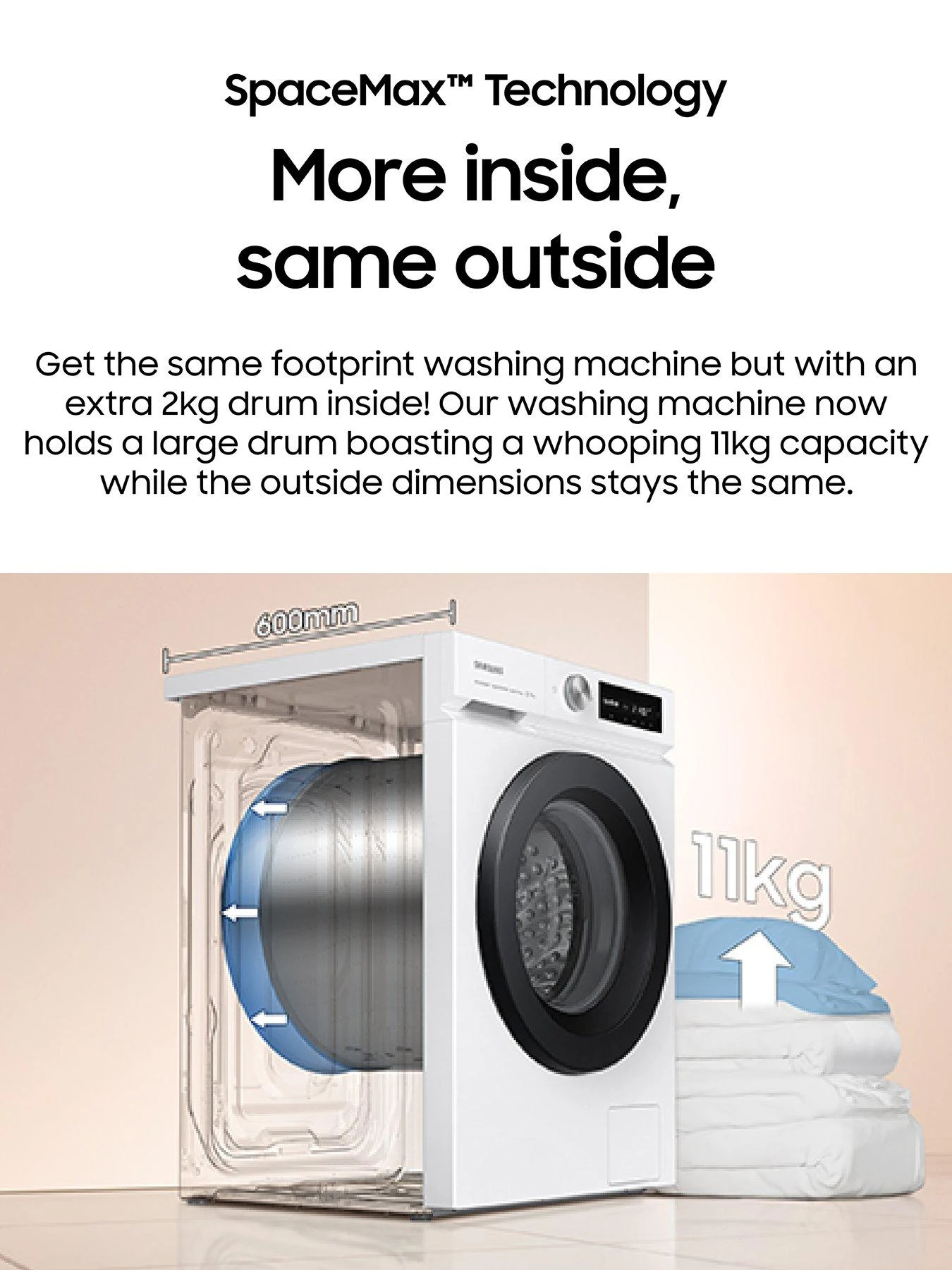 Samsung Series 5 WW11BGA046AE/EU SpaceMax Washing Machine - 11kg Load 1400 Spin A Rated - White - Image 5