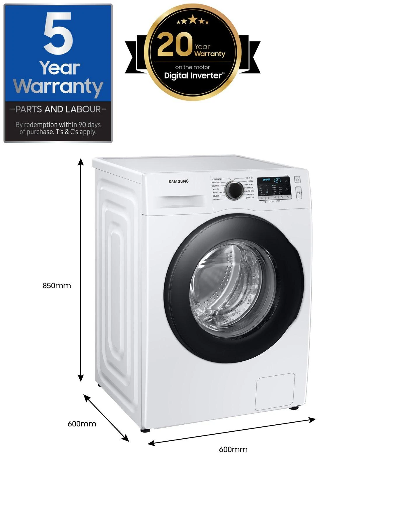 Samsung Series 5 WW11BGA046AE/EU SpaceMax Washing Machine - 11kg Load 1400 Spin A Rated - White - Image 7