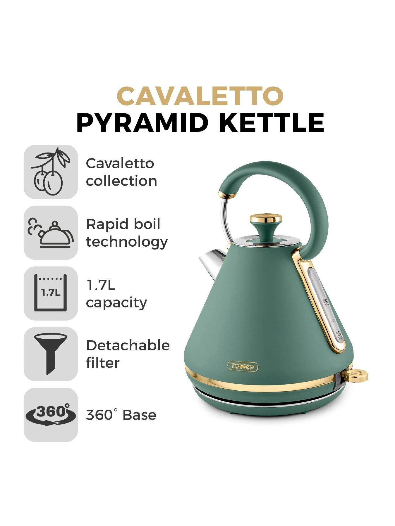 Tower Cavaletto 1.7L 3kW Pyramid Kettle - Jade - Image 2