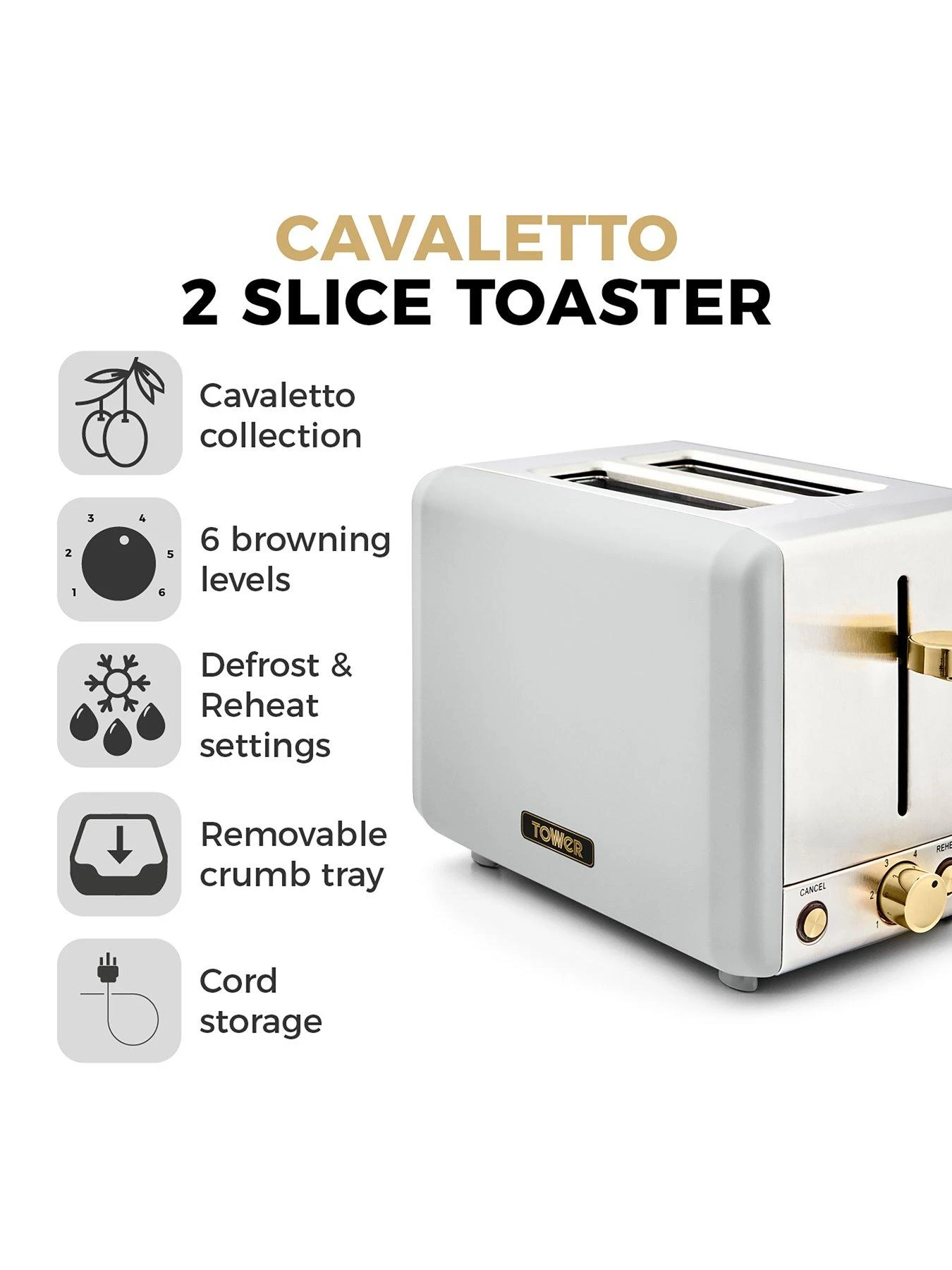 Tower Cavaletto 850W 2-Slice Toaster - Optic White - Image 2