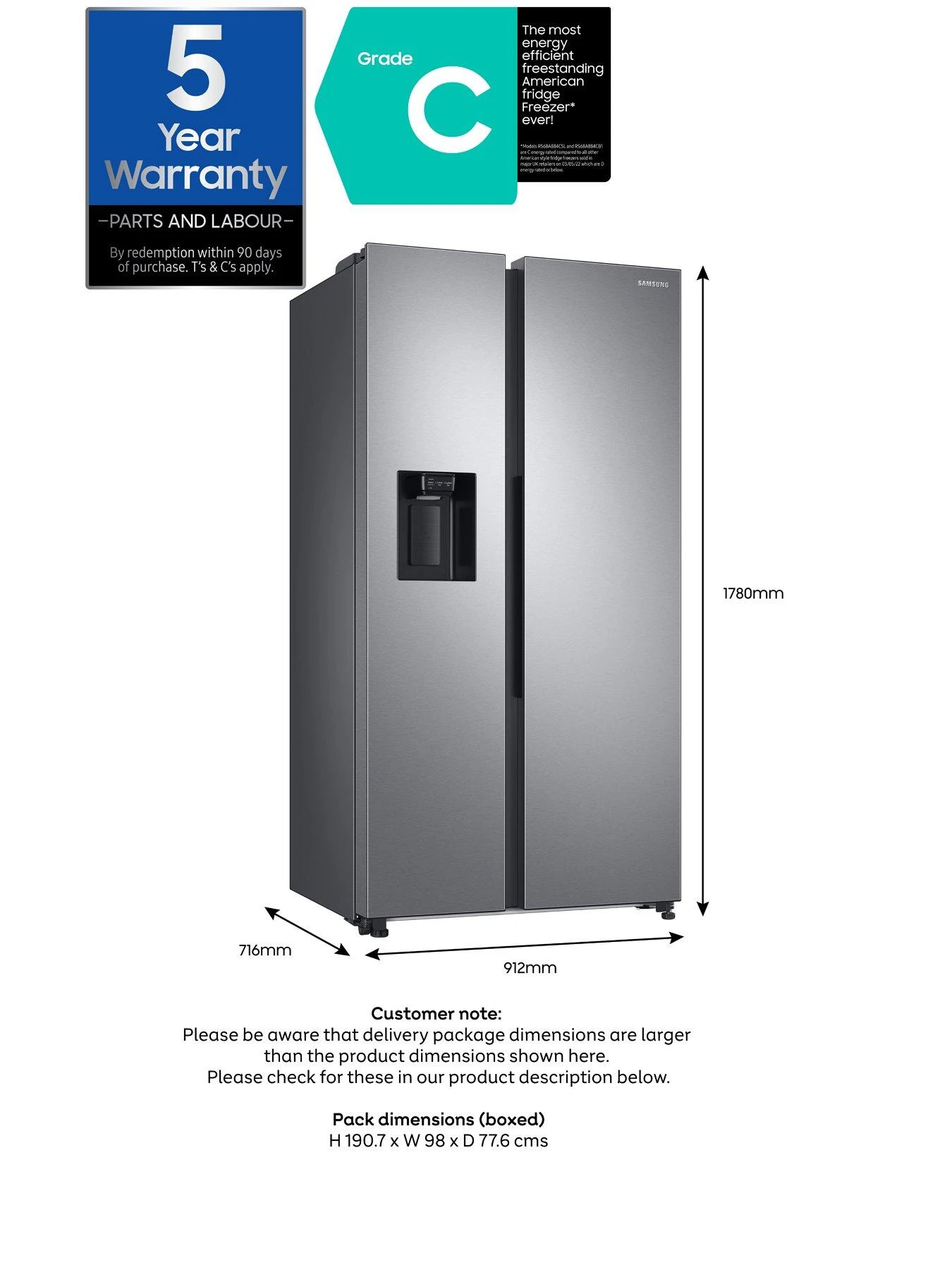 Samsung Series 8 RS68A884CSL/EU American-Style Fridge Freezer with SpaceMax™ Technology - C Rated - Silver - Image 7