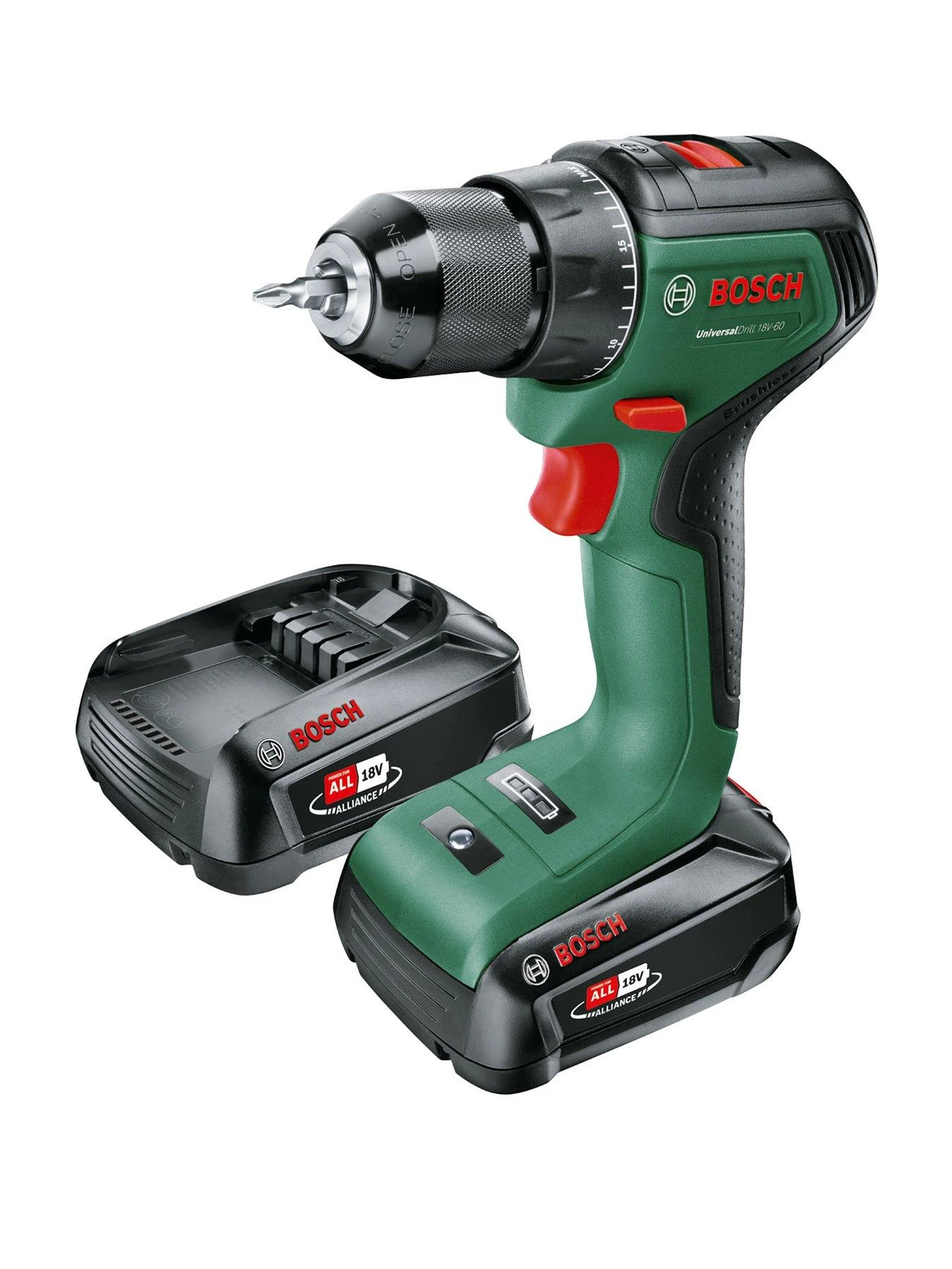 Bosch UniversalDrill 18V-60 Cordless 2-Speed Drill/Driver With 2x 2.0Ah Batteries and AL 18V-20 Charger