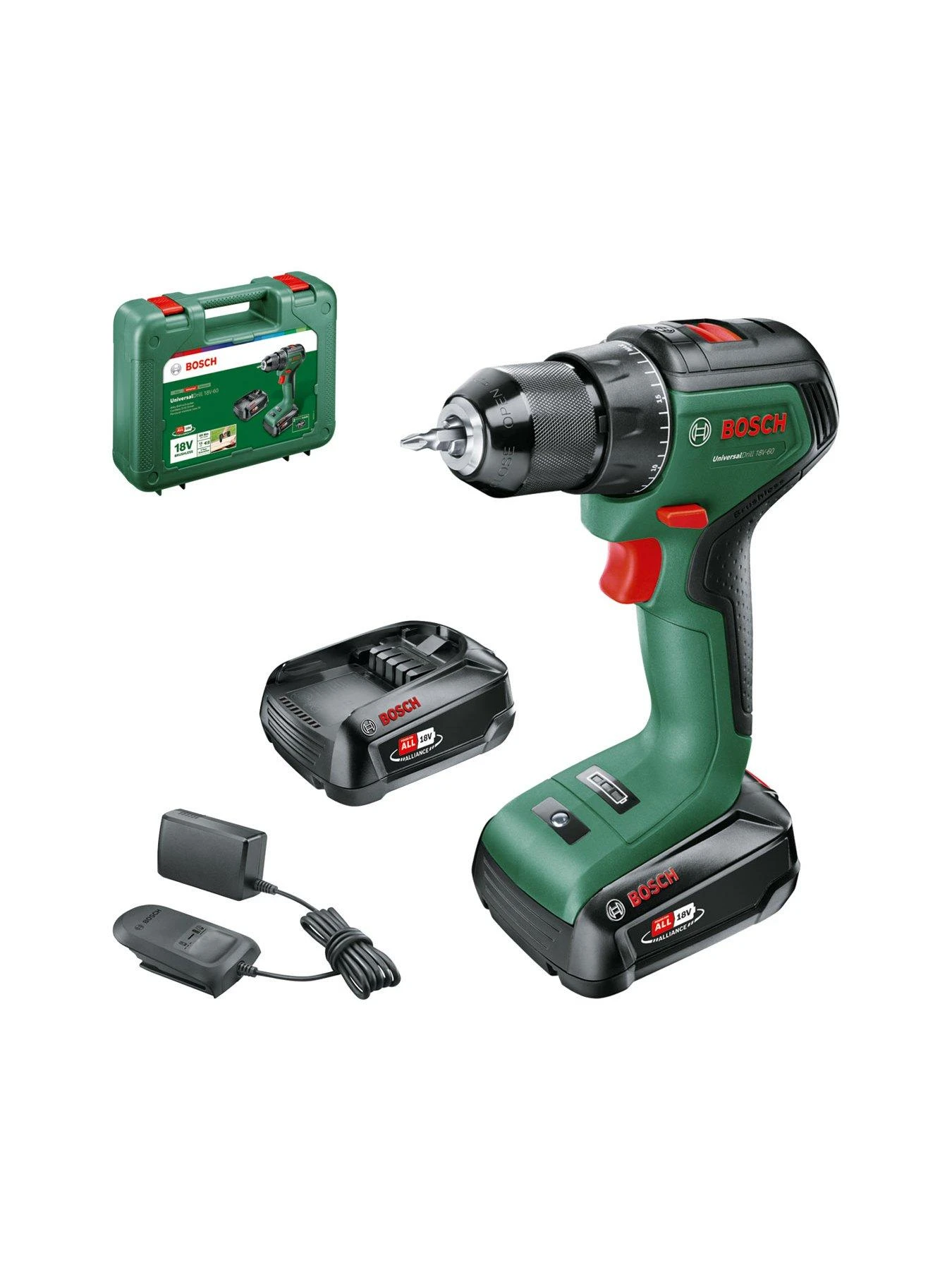 Bosch UniversalDrill 18V-60 Cordless 2-Speed Drill/Driver With 2x 2.0Ah Batteries and AL 18V-20 Charger - Image 2