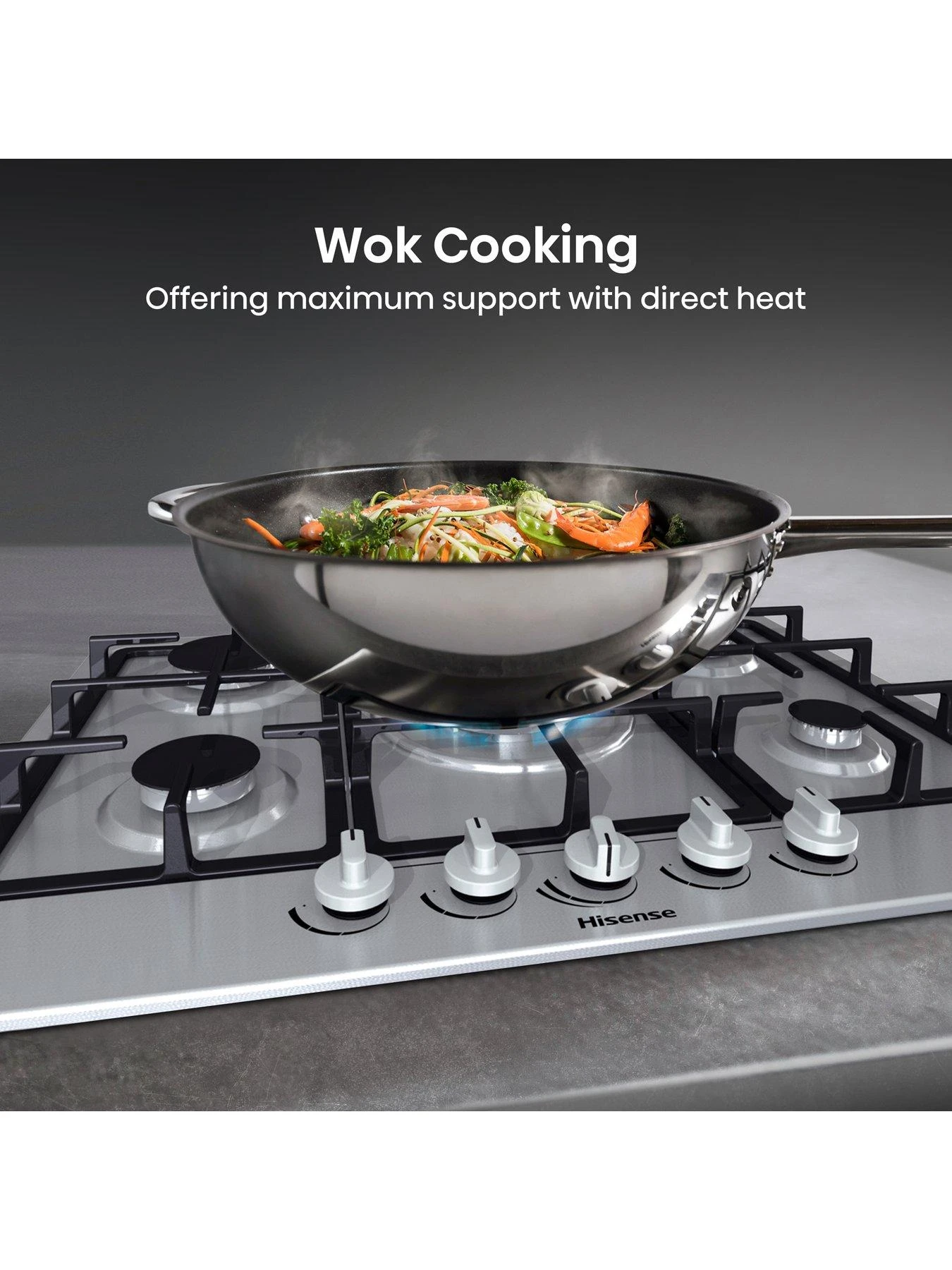 Hisense GM773XF Gas Hob, 5 Cooking Zones, Wok Burner And Cast Iron Grills - Image 2