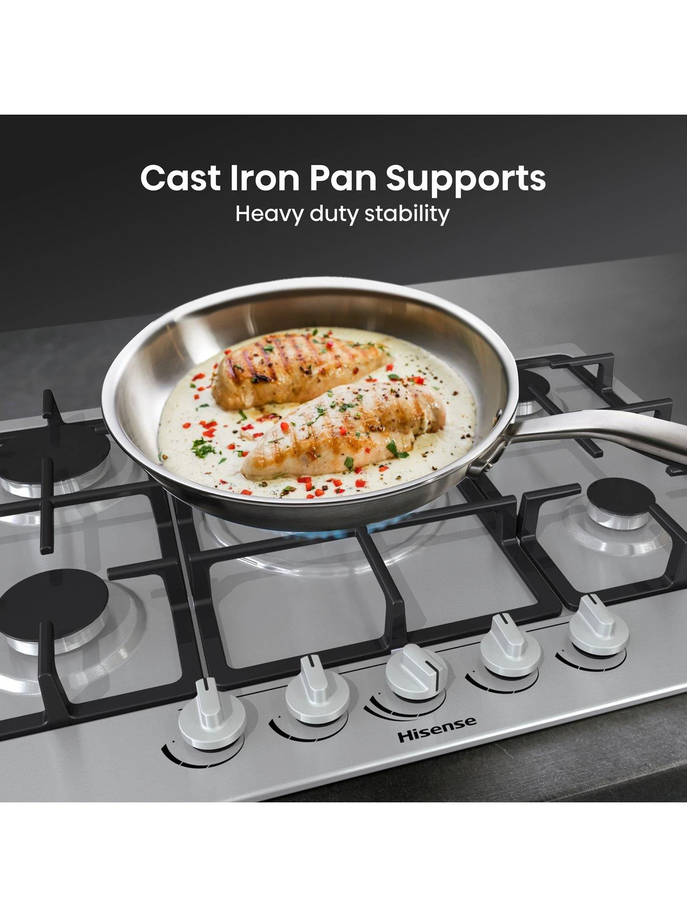 Hisense GM773XF Gas Hob, 5 Cooking Zones, Wok Burner And Cast Iron Grills - Image 3