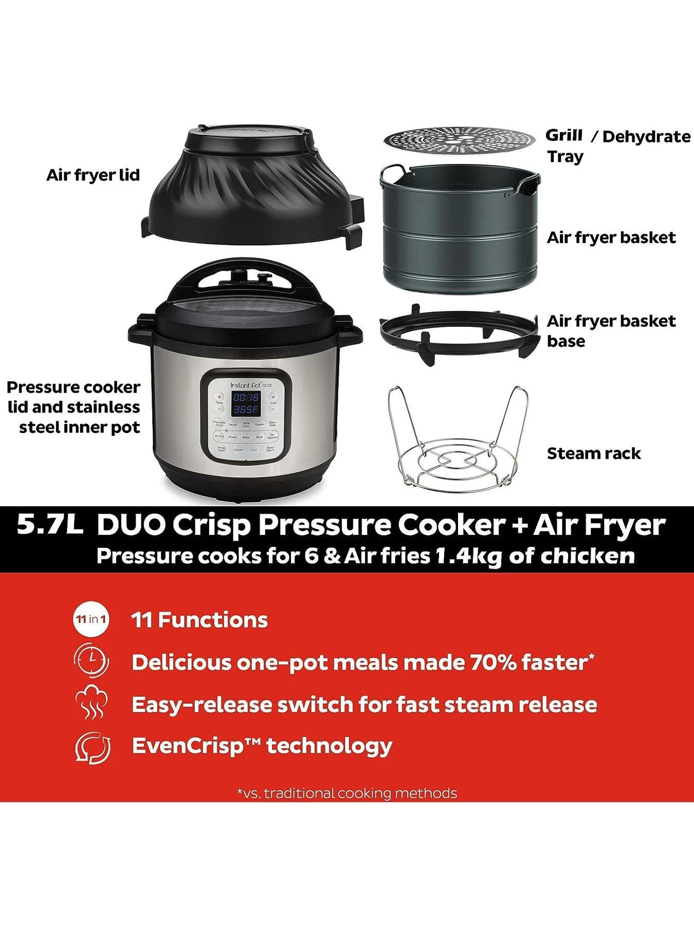 Instant Pot Duo Crisp Air Fryer & Smart Cooker 5.7L - Air Fryer, Pressure Cooker, Slow Cooker, Rice Cooker, Saute Pan, Grill And More - Image 3