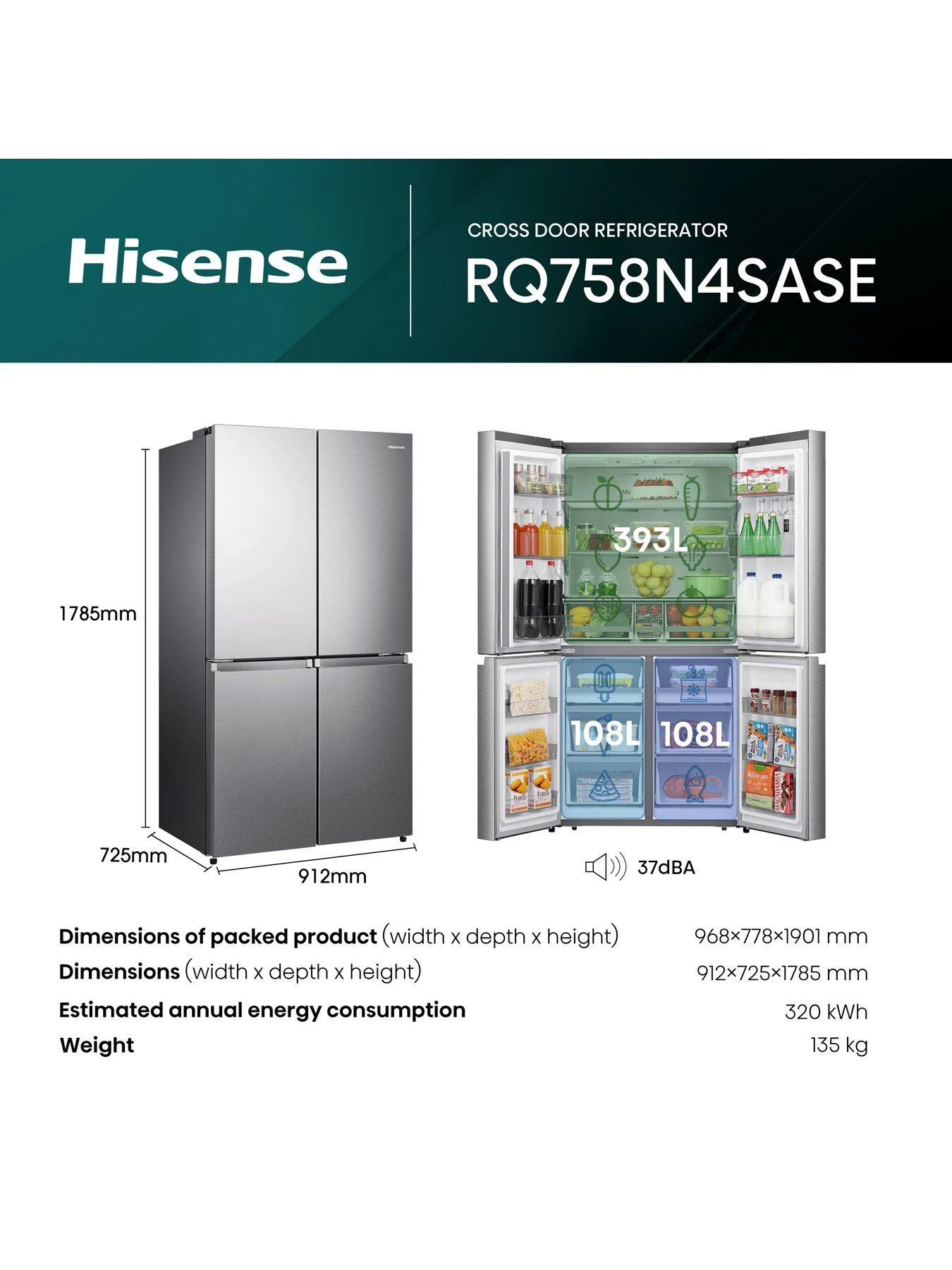 Hisense RQ758N4SASE Pureflat 90cm Cross Door, American Fridge Freezer - Stainless Steel - Image 6