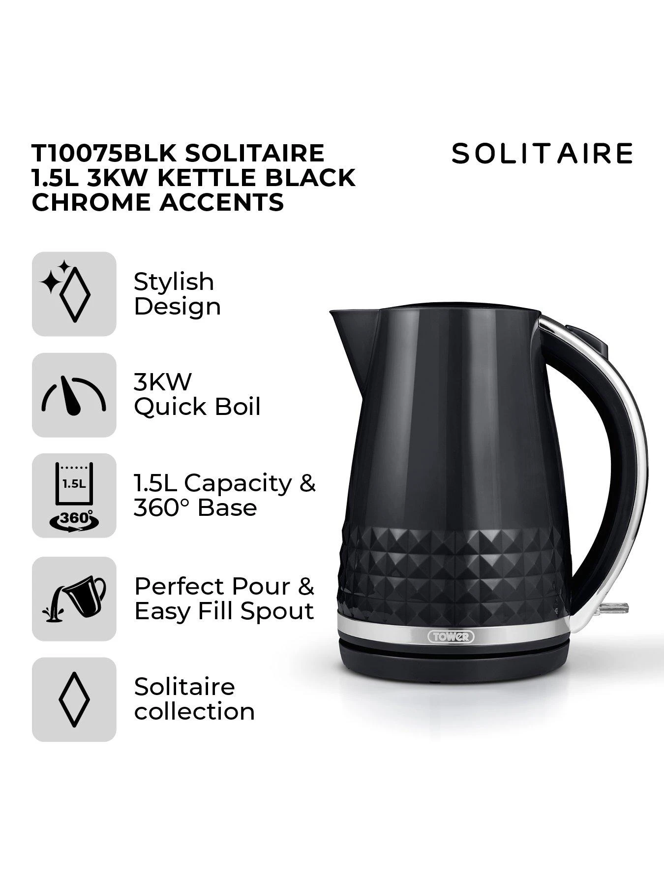 Tower T10075BLK Solitaire Kettle With 360° Swivel Base, Cord Storage, 1.5L, 3KW - Black And Chrome Accents - Image 2