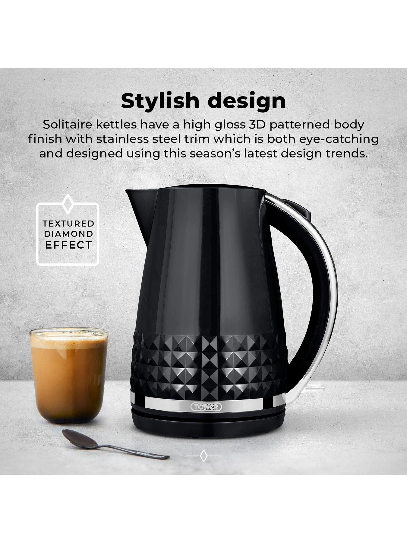Tower T10075BLK Solitaire Kettle With 360° Swivel Base, Cord Storage, 1.5L, 3KW - Black And Chrome Accents - Image 3