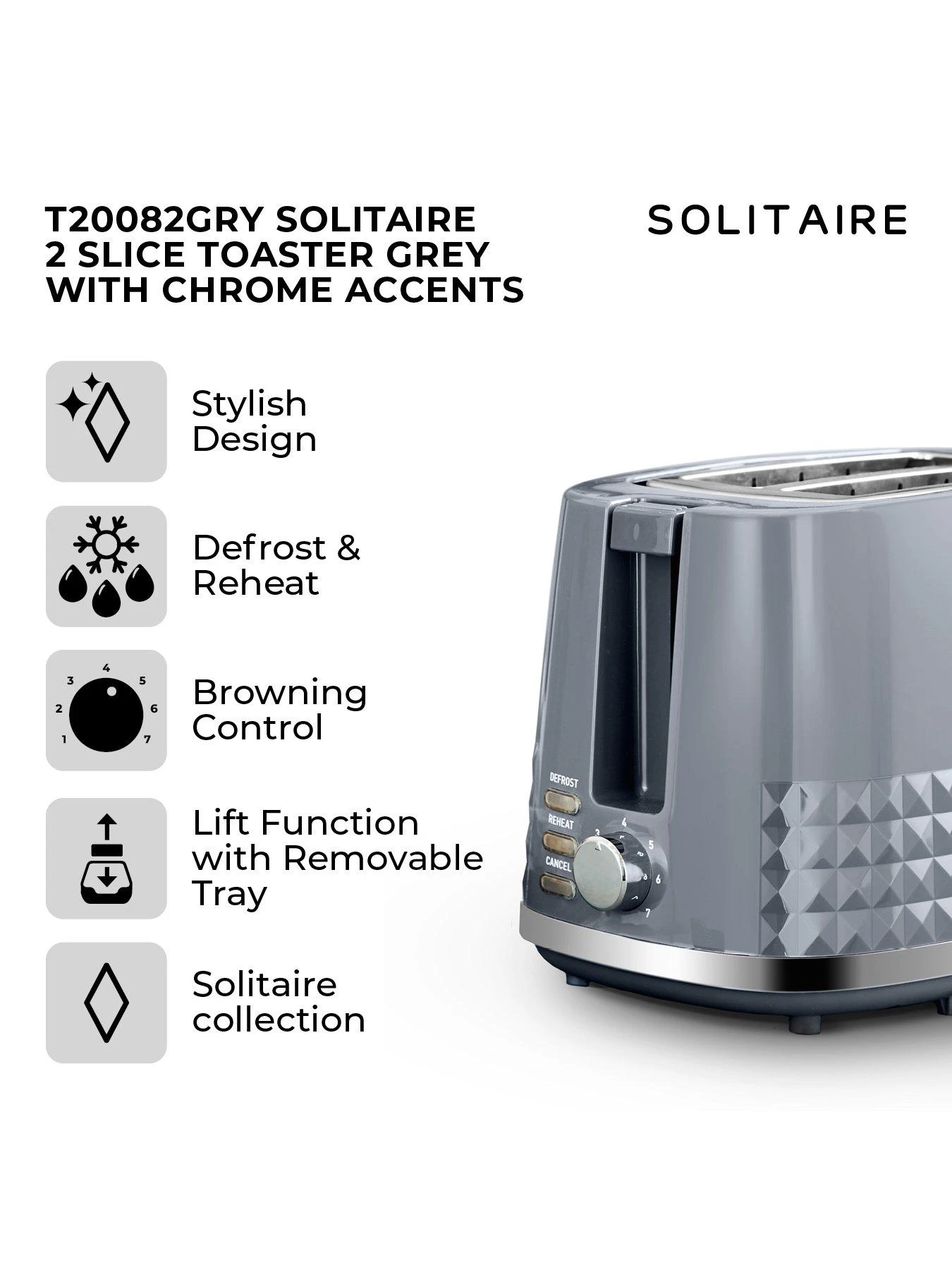 Tower T20082GRY Solitaire 2-Slice Toaster 850W - Grey With Chrome Accents - Image 2