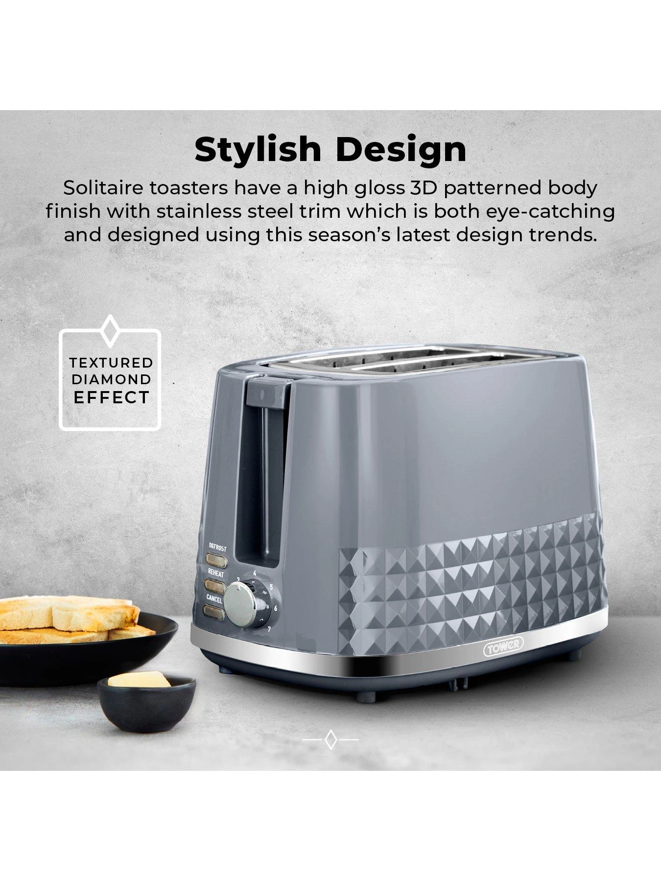 Tower T20082GRY Solitaire 2-Slice Toaster 850W - Grey With Chrome Accents - Image 3