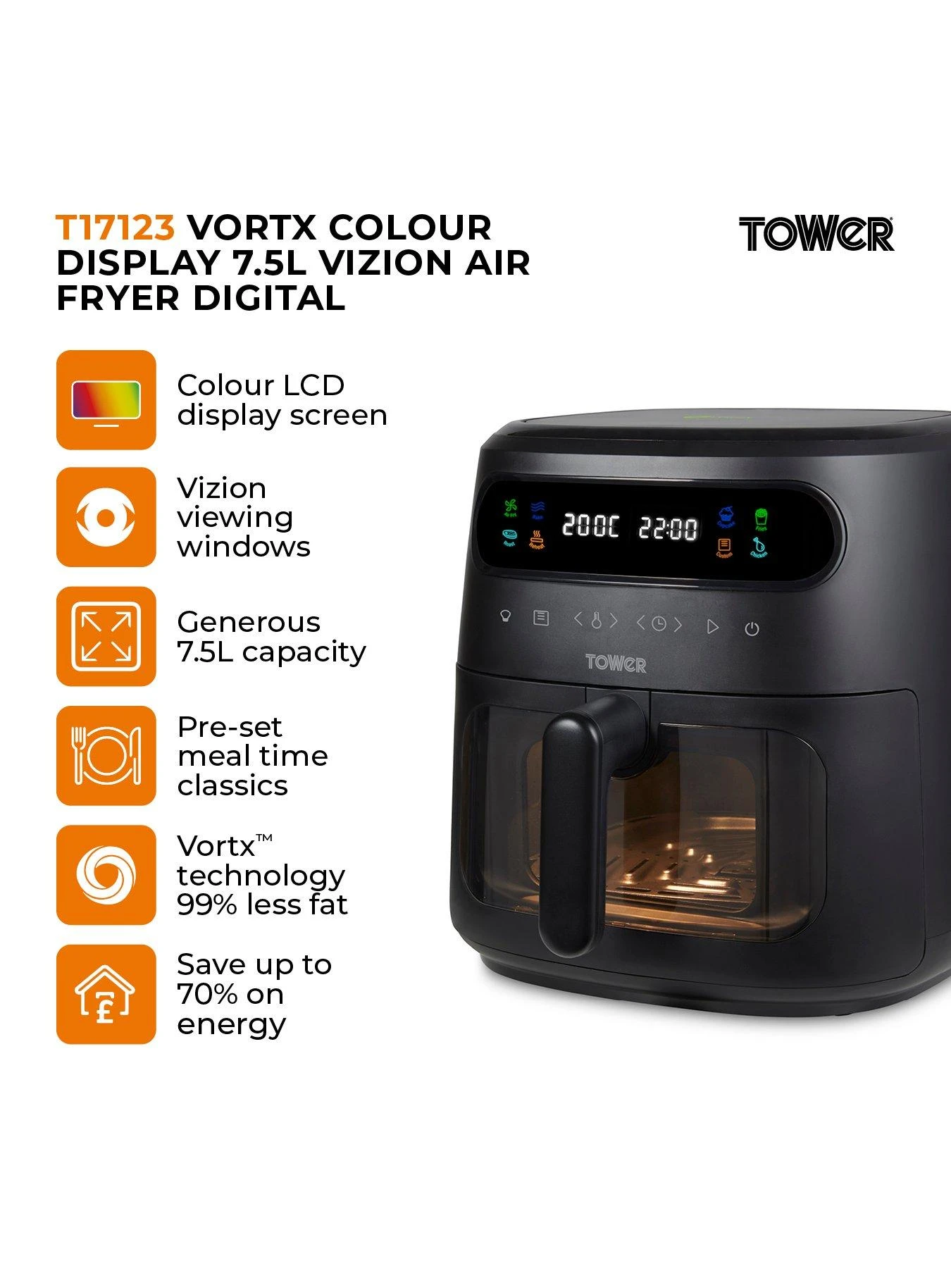 Tower T17123 Vortx Vizion 7.5L Air Fryer With Colour Digital Display, Digital Control Panel & 7 One-Touch Pre-sets, 1900W, Black - Image 2