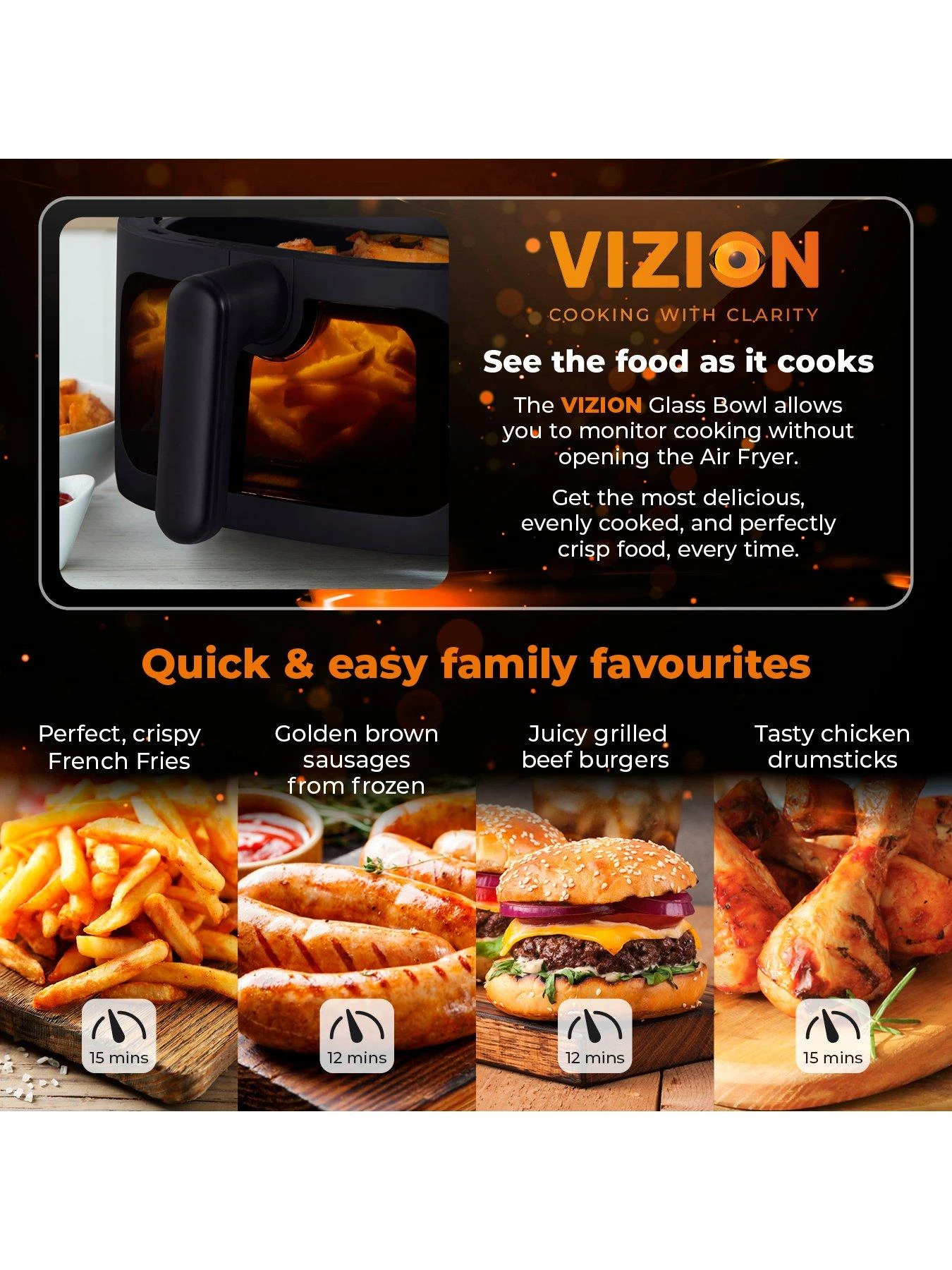 Tower T17123 Vortx Vizion 7.5L Air Fryer With Colour Digital Display, Digital Control Panel & 7 One-Touch Pre-sets, 1900W, Black - Image 4